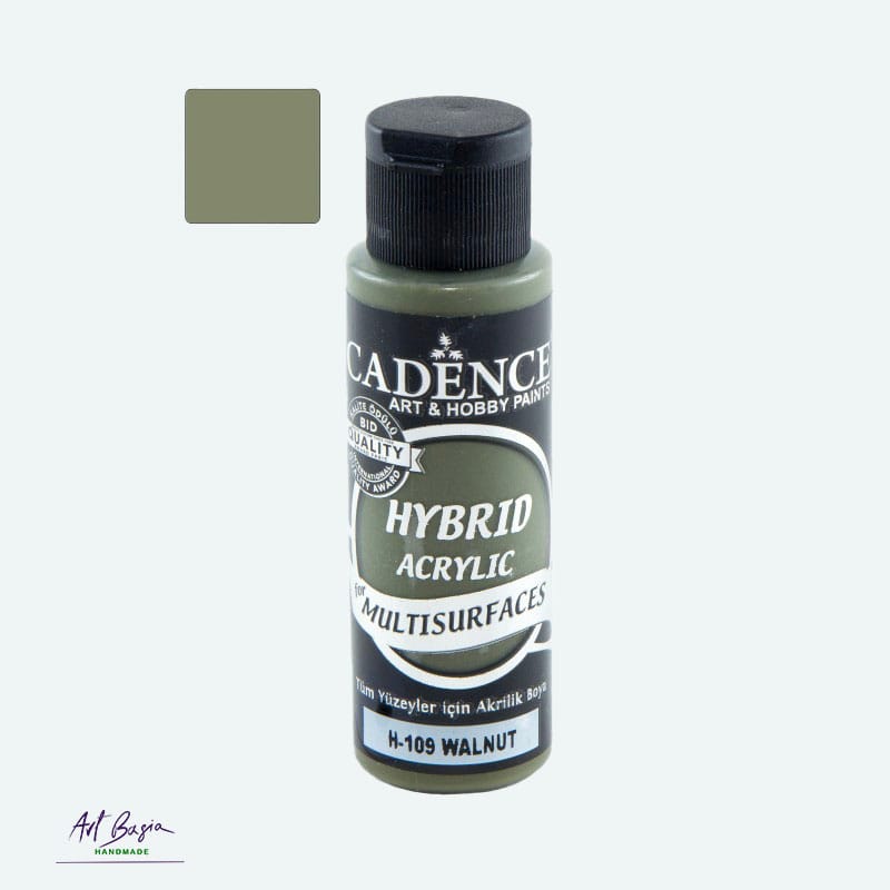 Butelka farby hybrydowej Cadence Hybrid Acrylic H-109 Walnut, orzechowy — farba akrylowa do różnych powierzchni w odcieniu orzechowym (ciemny oliwkowo-brązowy).